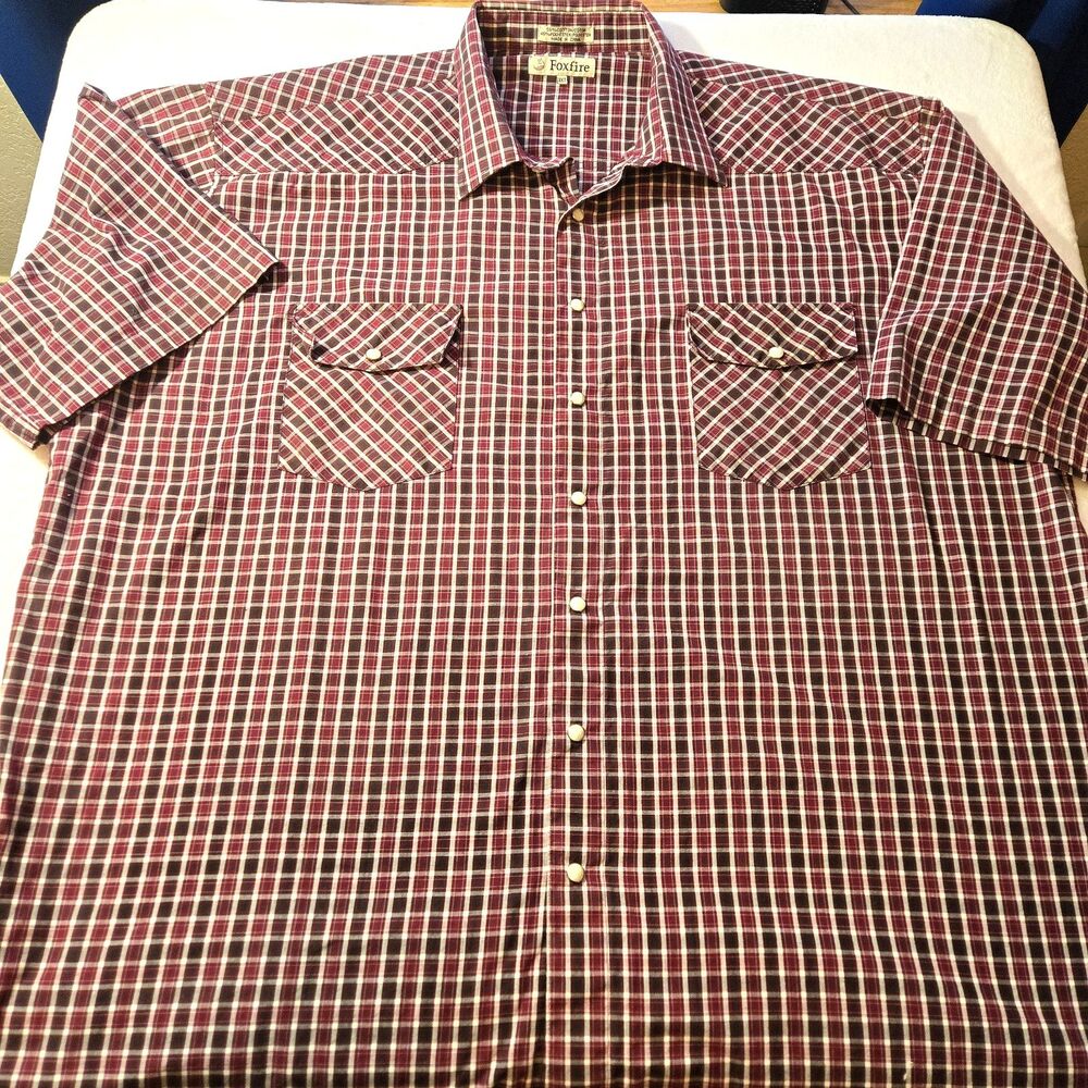 Foxfire Men's Shirt 3XT Pearl Snap Short Sleeve Plaid Red White Black Pockets